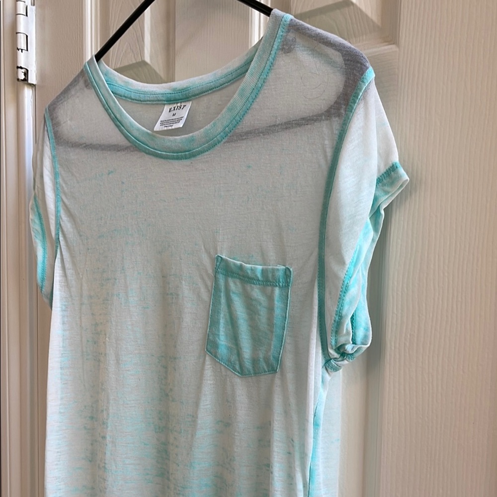 Exist Sheer Aqua T-Shirt Short Sleeve Front Pocket Relaxed Fit Medium - Picture 3 of 6